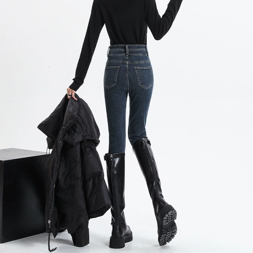 Флисовые джинсы, демисезонные штаны, приталенный карандаш, высокая талия, коллекция 2023, в обтяжку