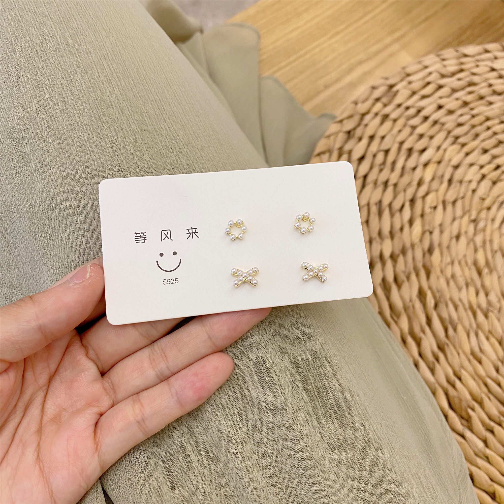 925 silver circle pearl earrings set simple mini compact sleeping without picking ears super fairy net red earrings