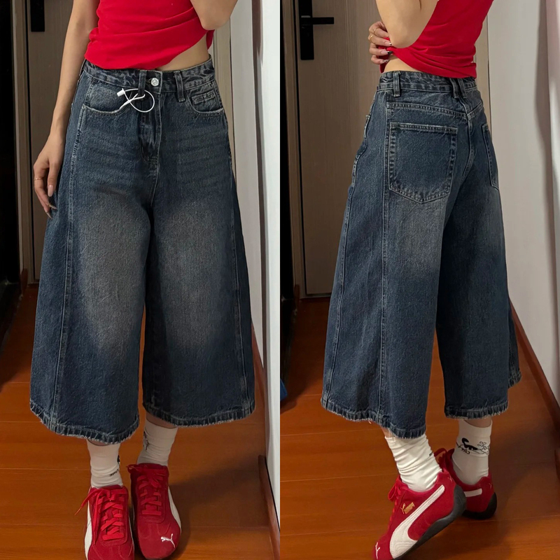 Women's Cropped Pants 2026 New Wide-Leg Jeans for Pear-Shaped Body, Eight-Point Pants, Plus Size, Straight-Leg Five-Point Mid-Length Pants