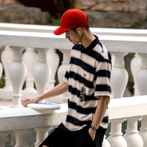 UrbanStandard Japanese Tide Brand Striped Short Sleeve Polo Shirt Summer Mens Lapel Loose Casual T-Shirt