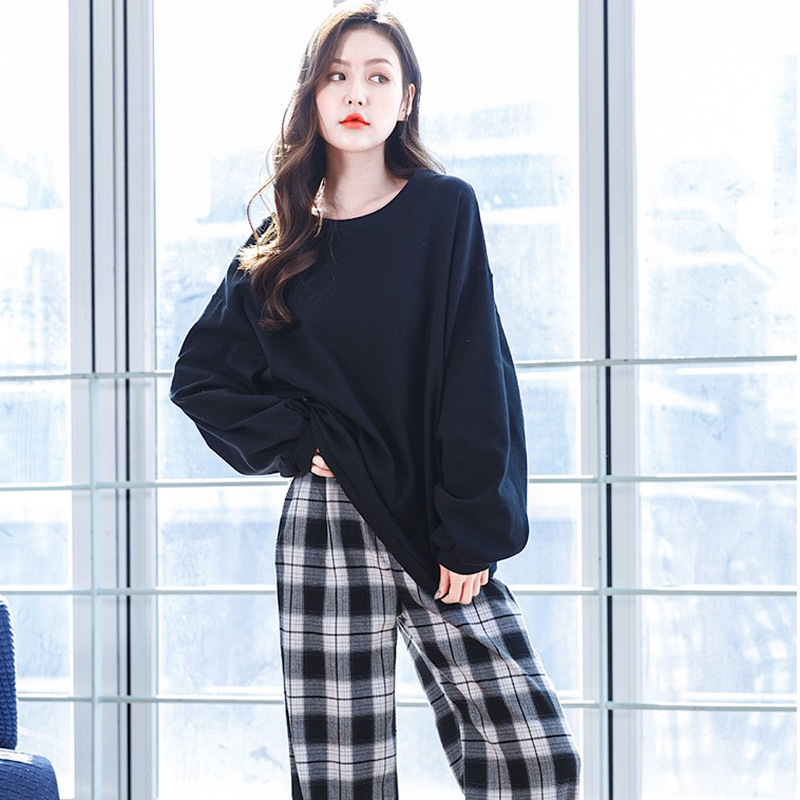 2026 New Pajamas for Women, Spring, Autumn and Winter, Long-Sleeved, Double-Sided Pure Cotton Plaid Casual Home Wear Set with Chest Pads