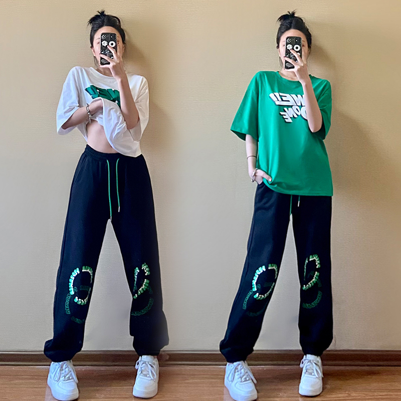 Summer Leisure Sports Suit Women 2022 Fashion foreign Loose Display Slim Korean version Pure cotton Eurogoods Dance Two sets