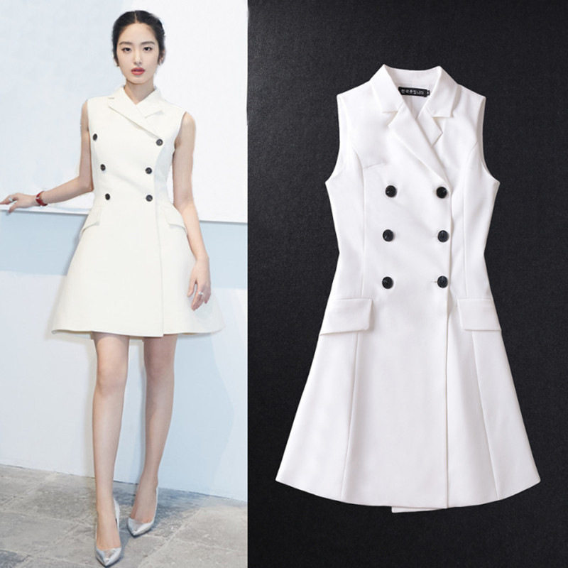 2022 new star Yang Caiyu same white temperament dress double breasted fashion slim sleeveless suit skirt