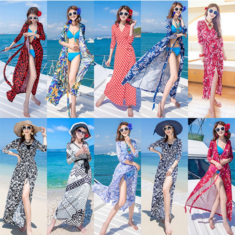 Seaside Holiday Travel Printed Wraparound with slim V collar open fork Skirt Bohemian Beach Skirt