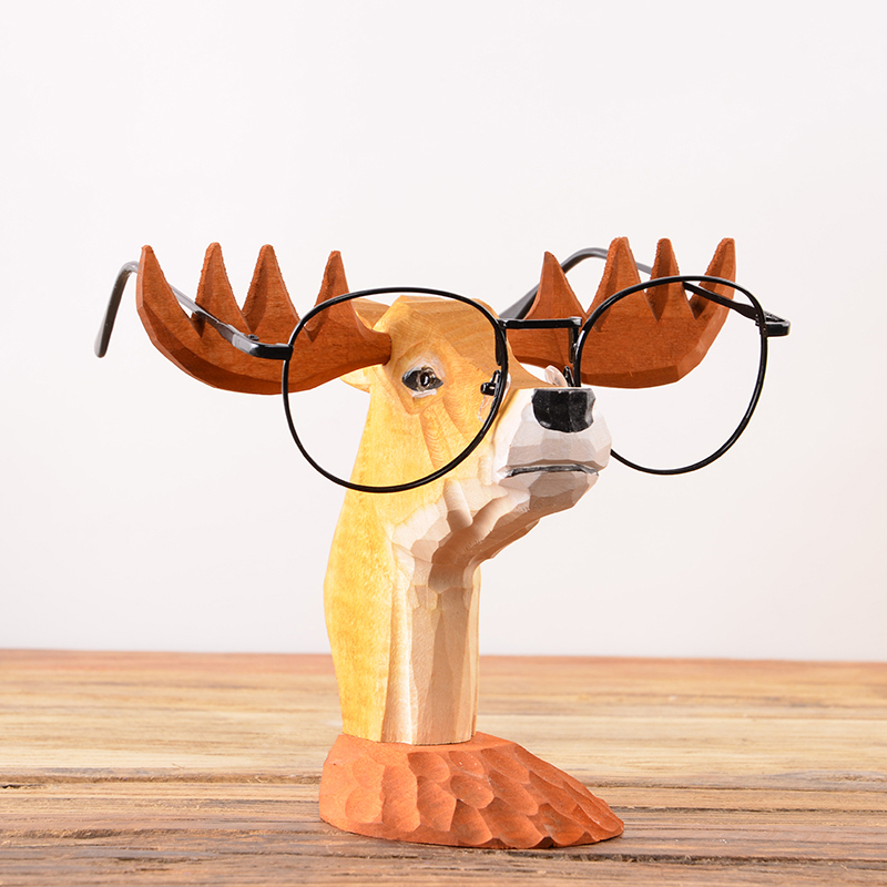 Purely Hand-Carved Solid Wood Eyeglass Frame, Wooden Eyeglass Display Stand, Decorative Display and Storage Rack, Wood Carving Ornament Deer