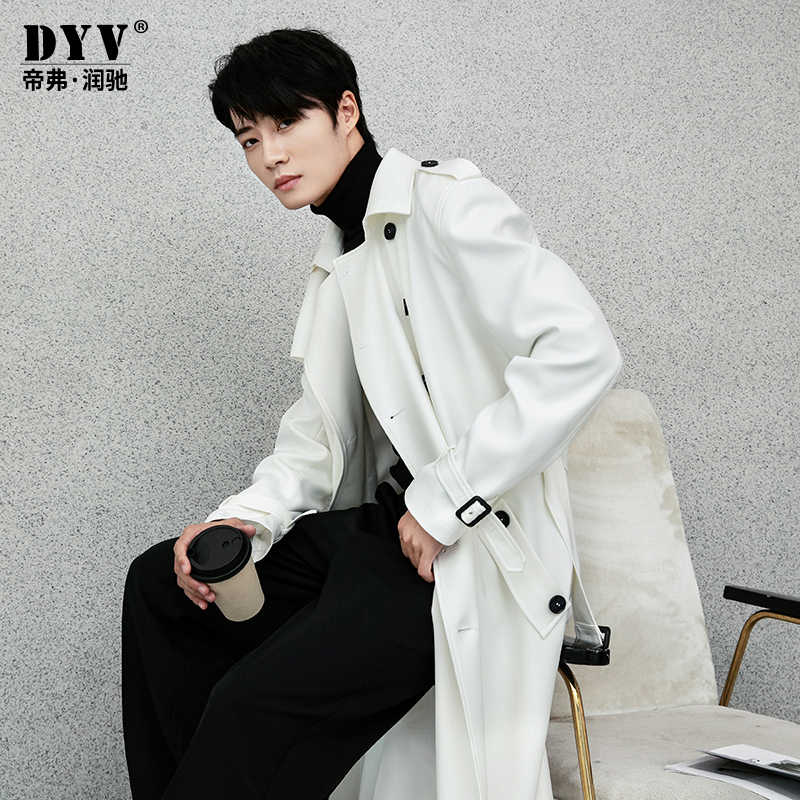 Autumn and Winter Trench Coat White Windbreaker Jacket Men's Long Slim Fit Kensington Mid-Length Over-The-Knee German-Style Military Coat Men's