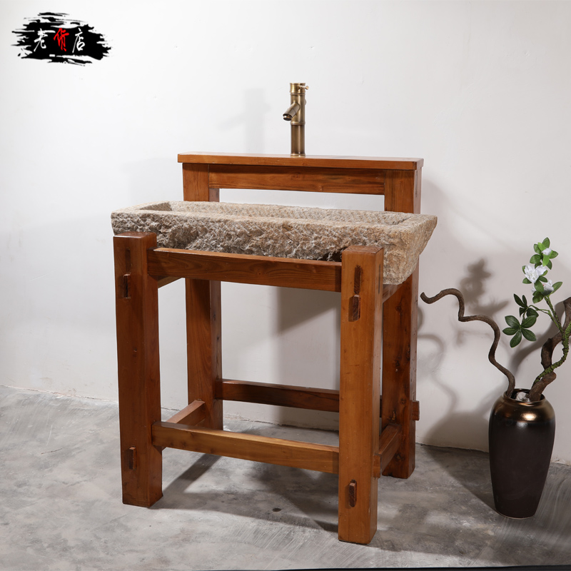 Old stone trough wood frame Stone Grinding Disc Embalming Wood Bracket Stone Fish Tank Stone Wash Basin Solid Wood Frame Sink Stone Basin