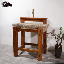 Old stone trough wood frame Stone Grinding Disc Embalming Wood Bracket Stone Fish Tank Stone Wash Basin Solid Wood Frame Sink Stone Basin