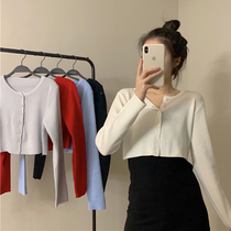 Small short knitted cardigan womens autumn slim long sleeve top round neck base shirt white niche student sunscreen shirt