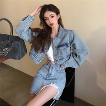 2022 Spring loaded with new long sleeves Korean version 100 hitch casual little fragrant wind jacket Cowboy short coat blouse womens damp