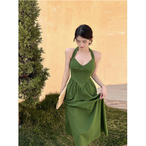Retro temperament green sleeveless hanging neck with dress female spring loaded with sweet and spicy little fresh seaside for a large swing long skirt