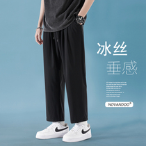 Mens straight glacial pants summer thin trend black loose leisure nine broad legs vertical air conditioning pants