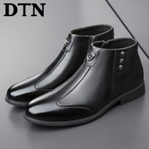 DTN winter leather boots mens leather business trend British style Chelsea mens boots plus velvet mid-high waterproof