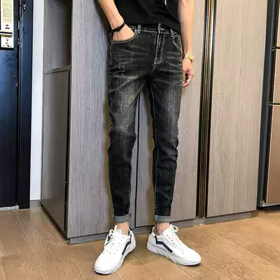 Black nine-point jeans men's 2021 new stretch slim-fitting small feet trend Korean version of the wild 9-point pants trend brand