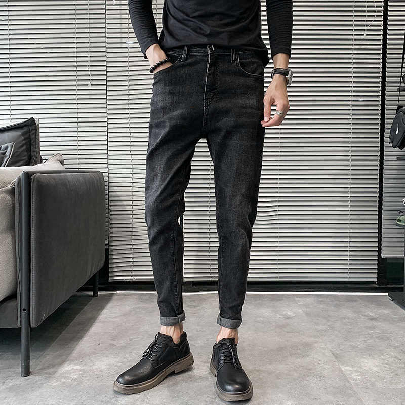 Tide brand men's black jeans Spring and Autumn Korean version trend slim small foot versatile casual leprosy handsome cropped pants