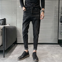 Tide brand mens black jeans Spring and Autumn Korean version of the trend slim feet wild casual Ruffian handsome nine-point long pants