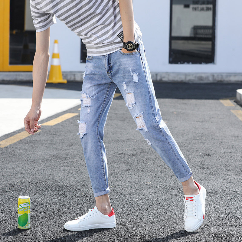 2022 Summer slim fit for men Tide Cards Breaking 90% jeans Men's Korean version Trend with minor feet 9 Sub-pants