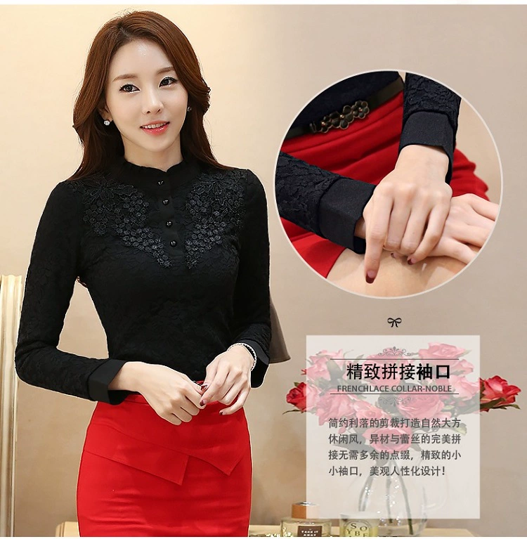 Real shot size lớn áo sơ mi nữ mùa xuân và mùa thu cao cổ áo voan chạm đáy áo sơ mi dài tay ren nữ - Áo sơ mi chiffon ren