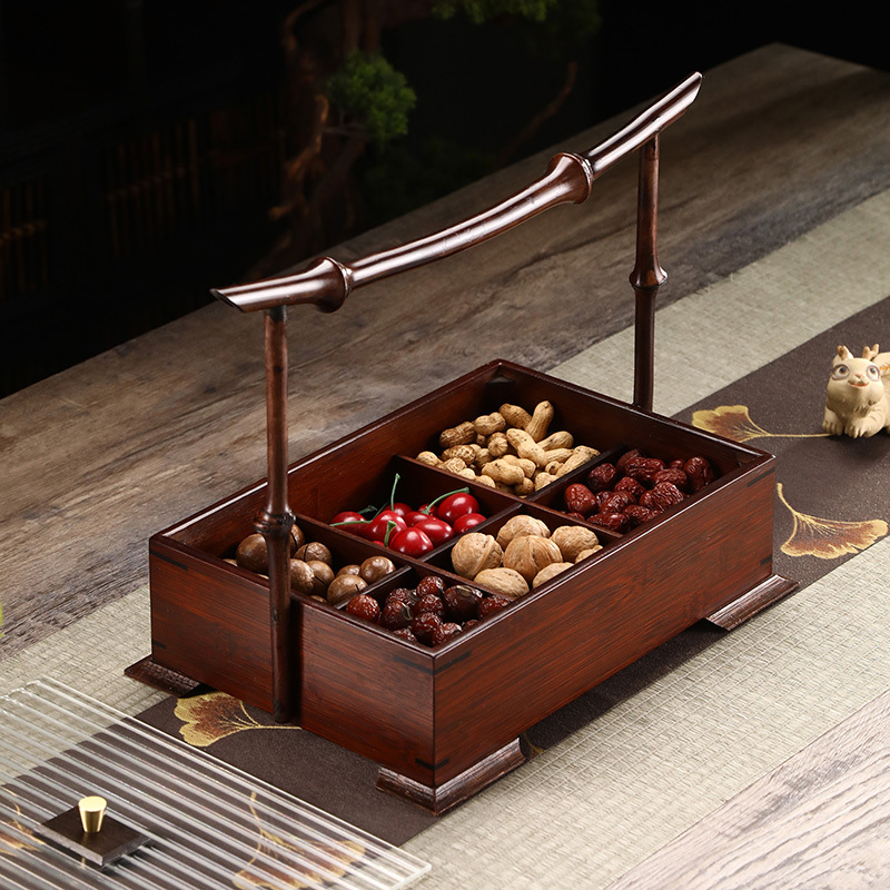 Lacquered Bamboo Basket, Antique-Style Bamboo Food Box, Woven Bamboo Box for Dried Fruits and Tea Snacks, Wedding Display Snack and Pastry Storage Box
