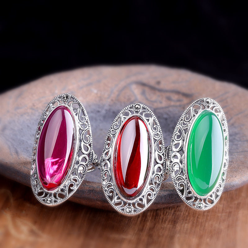Chun Feng Si Han Literary Retro Distressed Thai Silver Handmade 925 Silver Jewelry Exaggerated Women's Faceted Blue Sandstone Ring