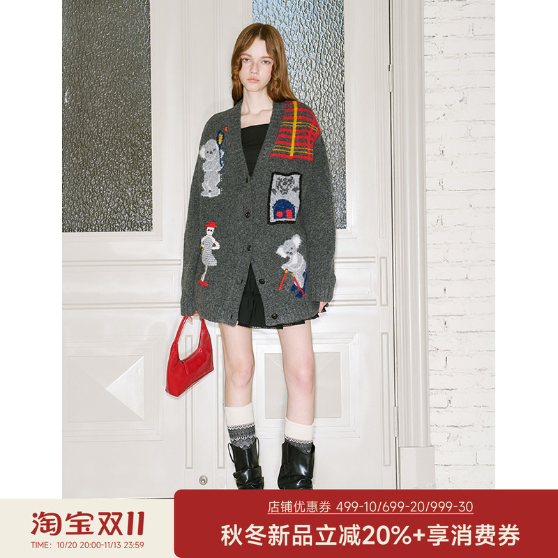 [Clearance Sale] Diddi Moda Ski Koala Embroidered Jacquard Knit Cardigan, Relaxed and Warm Outerwear