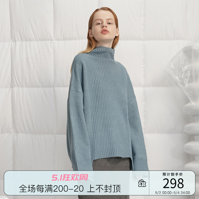 Qingt DIDDI original gray blue half - collar sweater woman loose warm knitted sweater 2022 autumn and winter