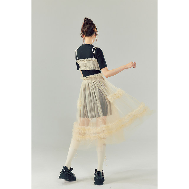 DIDDI ຕົ້ນສະບັບອອກແບບປອມສອງຊິ້ນຕາຫນ່າງ splicing lace ສັ້ນແຂນ dress fairy skirt pleated skirt ຍາວ skirt