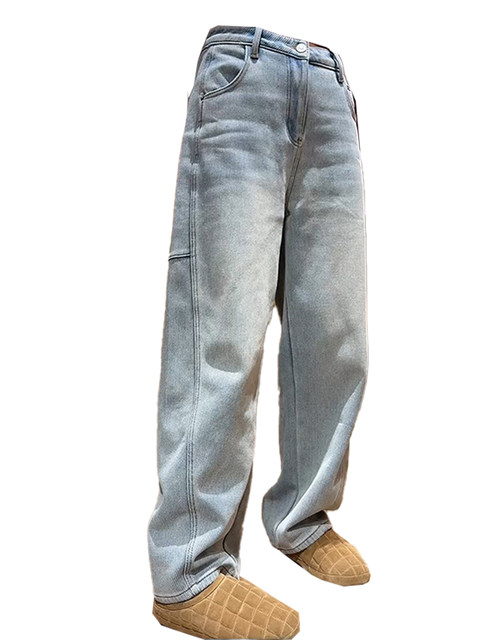 Light blue velvet wide-leg jeans for women in winter new large size pear-shaped figure loose and slim scimitar floor mopping pants