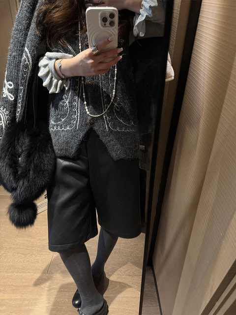 Black Diamond-Patterned Pu Leather Pants for Women, 2026 Spring New Style, Plus-Size, Loose Fit, Slimming, Petite, Five-Point Straight-Leg Bootcut Pants