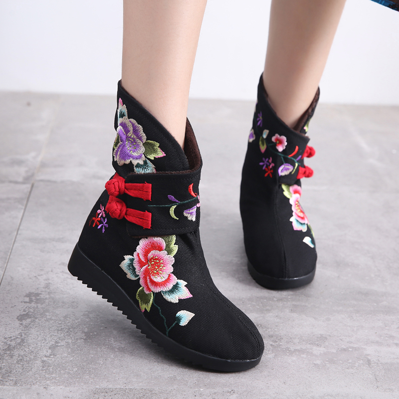 Giày mới thêu gió quốc gia kiểu Trung Quốc ngắn giày bốt tuyết cộng với giày nhung retro boot cao cổ nữ zara