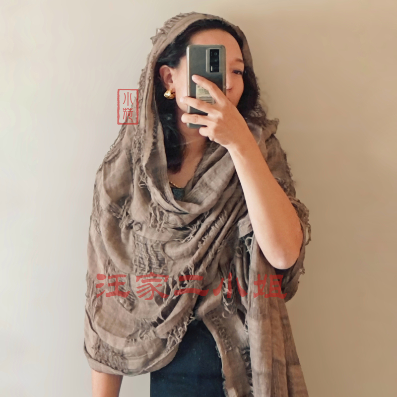 Rustic Distressed Scarf with Long Fringes, Vintage Beggar's Scarf, Cotton and Linen Shawl, Unisex Medieval Cosplay Cape Rustic Distressed Scarf with Long Fringes, Vintage Beggar's Scarf, Cotton and Linen Shawl, Unisex Medieval Cosplay Cape