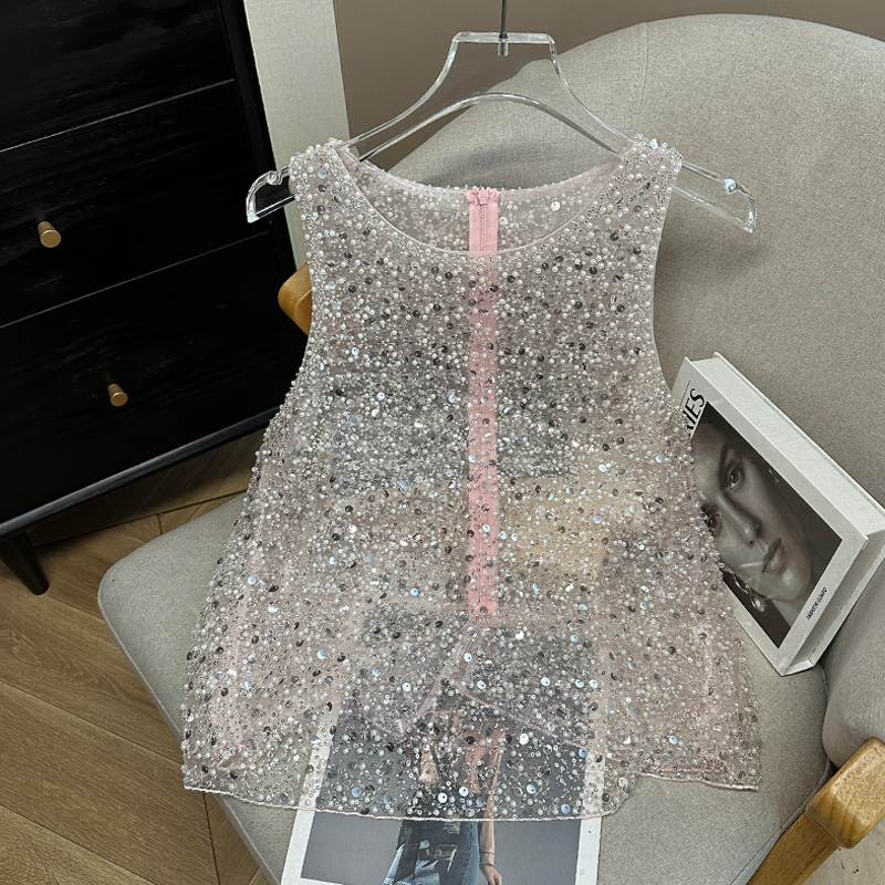Korean Style New Fashion Heavy Beaded Sequin Embellished Sleeveless Top for Women, Slim Fit, Stylish and Elegant Shirt Korean Style New Fashion Heavy Beaded Sequin Embellished Sleeveless Top for Women, Slim Fit, Stylish and Elegant Shirt