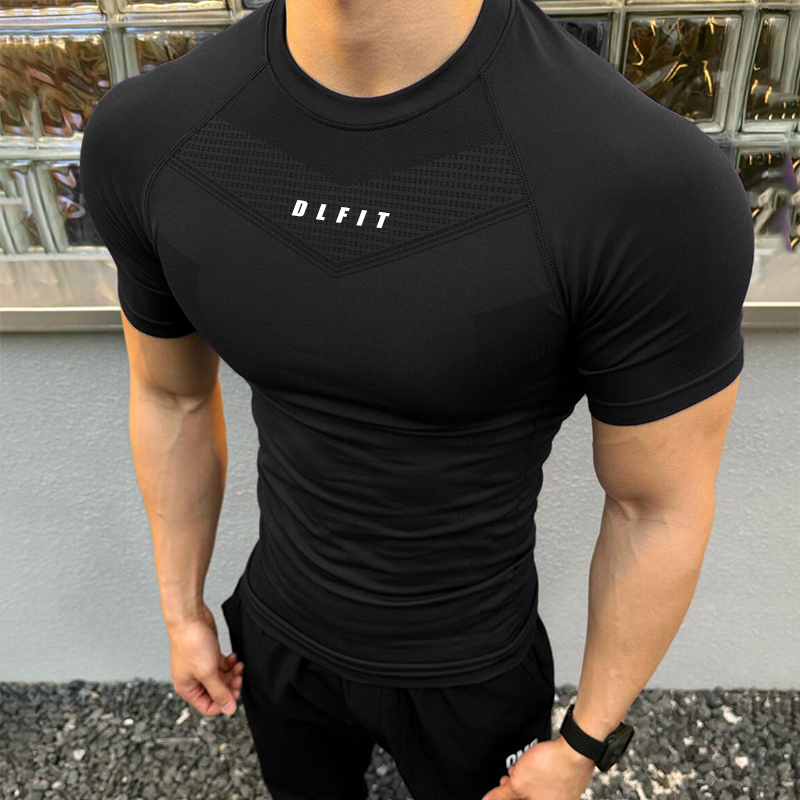 Fitness Seamless Bodysuit High-Elastic Textured Short-Sleeve T-Shirt Slim Fit for Muscular Men Anti-Wrinkle Compression Training Quick-Drying