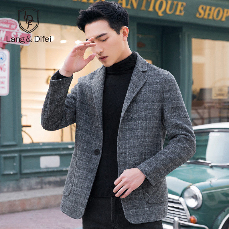 Autumn and winter wool coat jacket Men's fashion suit double-sided fashion slim youth plaid suit