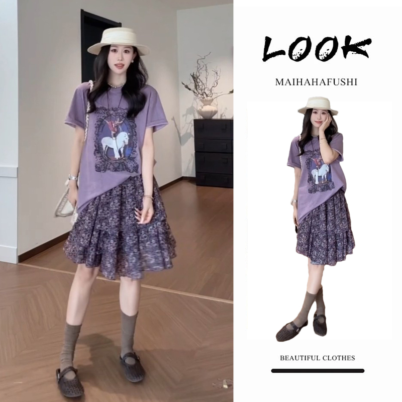 Summer Unique and Beautiful Suit Dress for Women, Soft and Playful Style, Loose Purple Cartoon Print T-Shirt, Floral Skirt