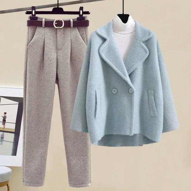 Plus size women's clothing 2022 new autumn suit female fat mm small fragrant wind turtleneck sweater jacket casual pants three-piece set