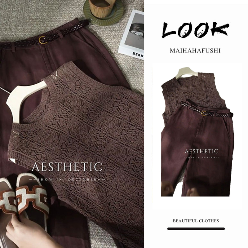 Retro Vintage Style Women's Summer Outfit, Youthful and Fashionable, Hollow Breathable Sleeveless Tank Top, Versatile Casual Pants, Trendy Retro Vintage Style Women's Summer Outfit, Youthful and Fashionable, Hollow Breathable Sleeveless Tank Top, Versatile Casual Pants, Trendy