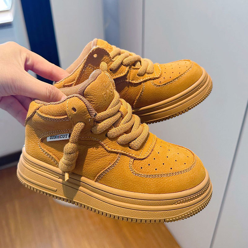Children's Genuine Leather Yellow Boots 2026 Spring and Autumn New Style Baby Boys' High-Top Sneakers Soft Sole Fleece-Lined Girls' Sports Shoes