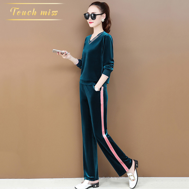 TOUCH MISS fashion gold velvet suit female autumn Korean version of the new V-neck loose slim sports leisure suit
