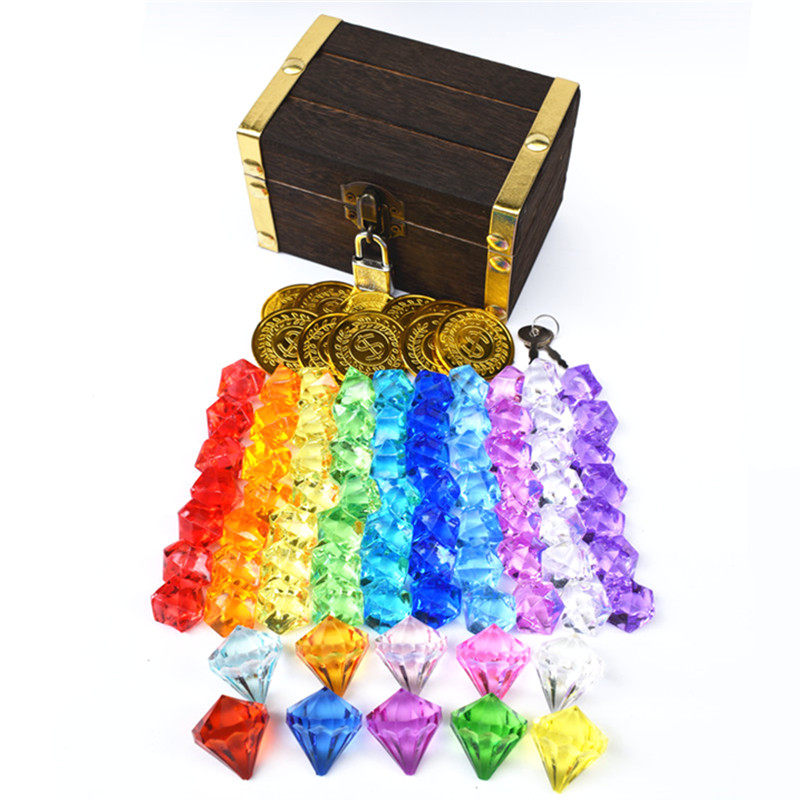 Children Plastic Gold Coins Acrylic Crystal Little Boy Son Treasure Without Hole Diamond Gem Toy Treasure Chest Box Gift