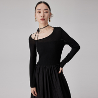 BLANK LABEL Minimalist premium lyocell satin curved neckline patchwork design slim knitted dress