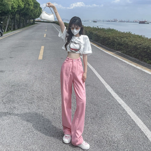 Розовые джинсы, летние тонкие штаны, свободный прямой крой, оверсайз, высокая талия