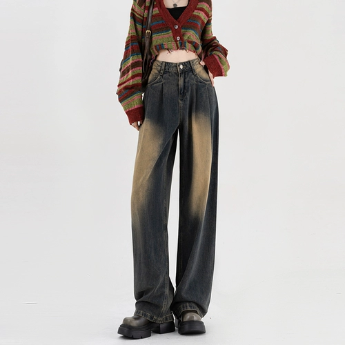 Ретро джинсы, осенние штаны, в американском стиле, высокая талия, свободный прямой крой
