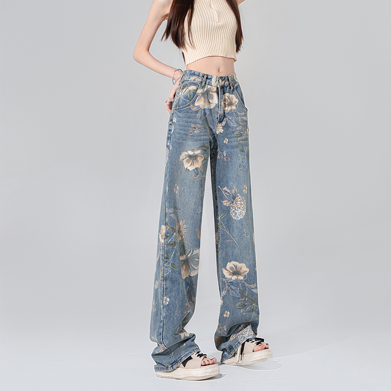 Vintage Printed Jeans for Women, New Design for Spring and Autumn, Niche Style, Loose Wide-Leg Floor-Length Pants, Trendy ins