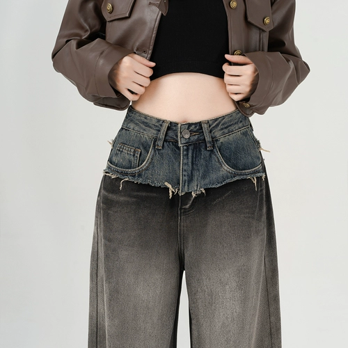 Цветные джинсовые осенние дизайнерские штаны, градиент, высокая талия, оверсайз, тренд сезона, свободный прямой крой