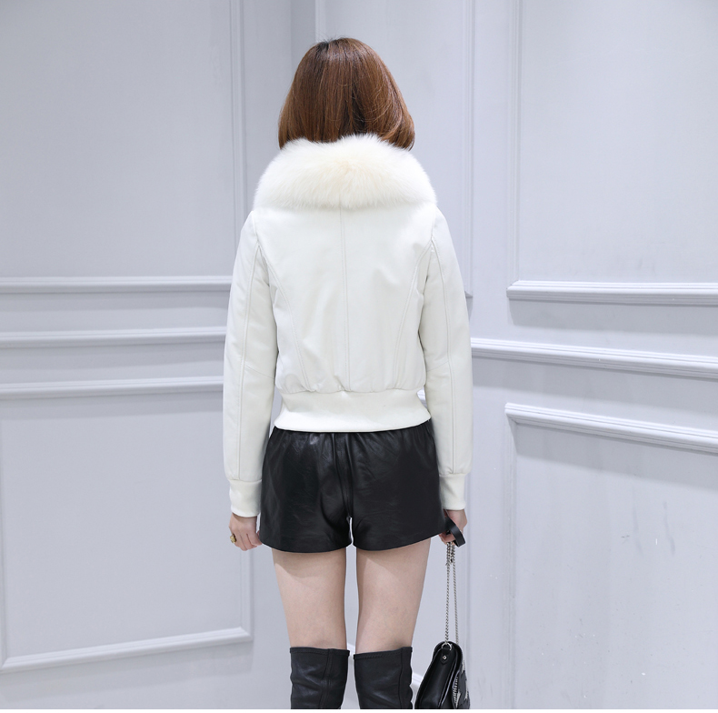 Áo khoác da ngắn short Slim 2018 mùa đông mới lông cáo cổ áo lông cừu da nữ áo khoác da zara nữ