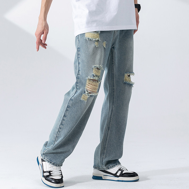 Summer new pendant feel loose with Hole Jeans Men American Retro French Fried Street Straight Silo Tug Wide Leg Long Pants
