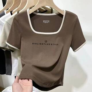 New U-Neck Collarbone Short-Sleeve T-Shirt for Women, Summer Sweet and Spicy Style, Unique Design, Color-Blocking, Regular Shoulder, Short Length, Stylish