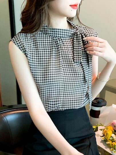 2025 Summer New Style Ribbon Houndstooth Chiffon Blouse for Women, Short Sleeve, Elegant Bow Design, Small Sun Protection Sleeves