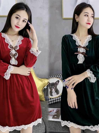 Velvet Nightgown for Women 2022 Autumn and Winter New Style Large Size Loose Slimming Look V-Neck Three-Quarter Sleeve Home Wear Fashionable Pajamas